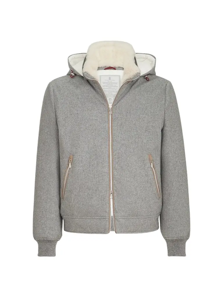 Men's Bonded Wool Flannel Down Jacket with Detachable Hood - Light Grey Men's Bonded Wool Flannel Down Jacket with Detachable Hood - Light Grey
