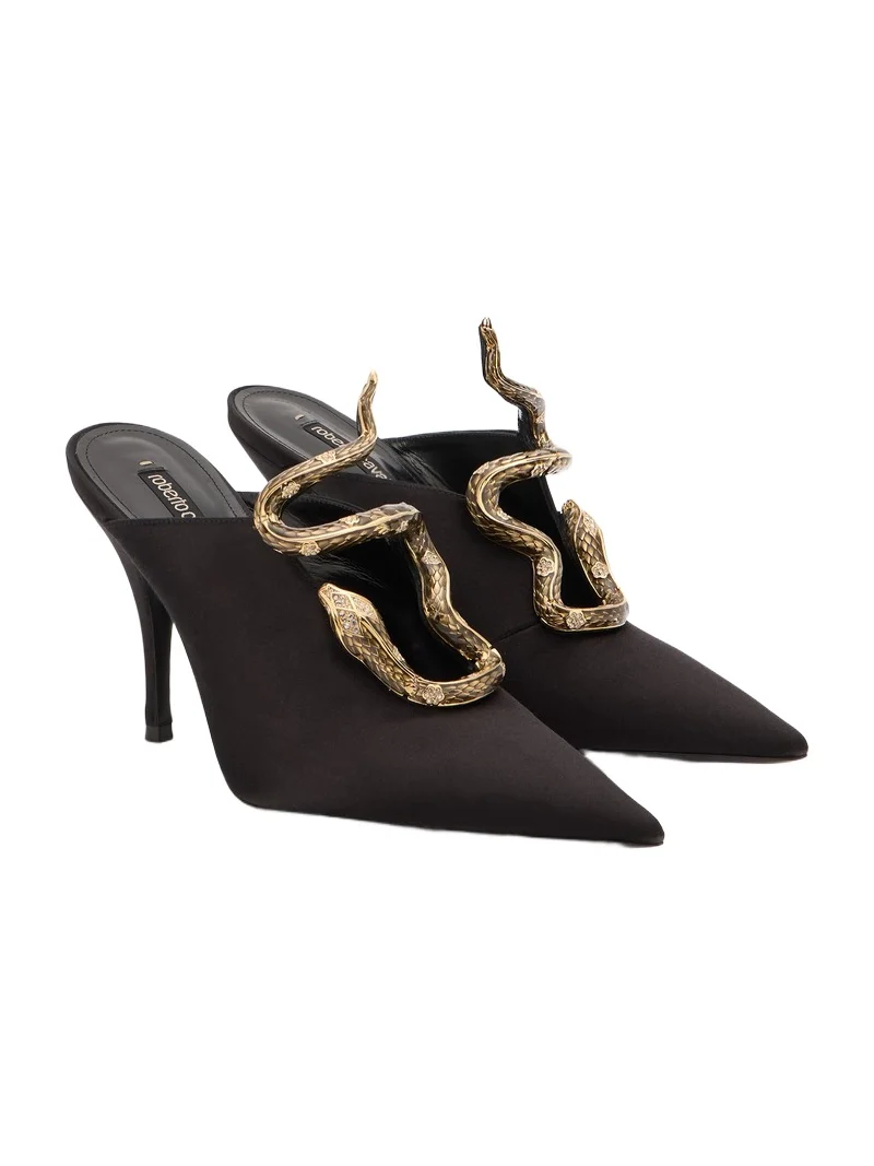 Roberto Cavalli Black Mules with Jewel Snake Detail