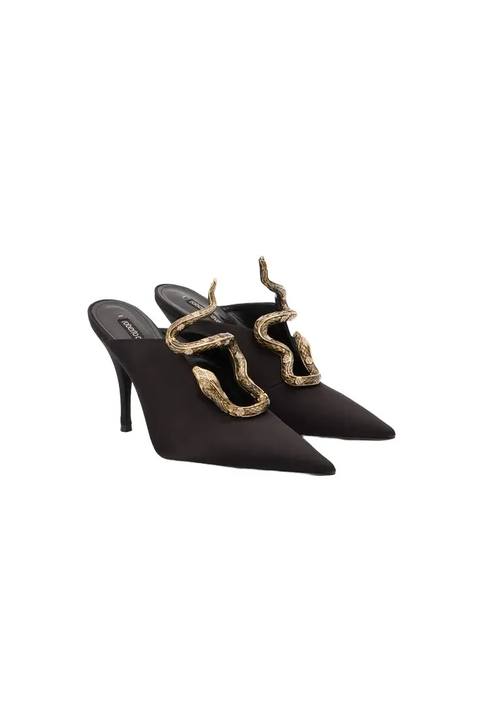Roberto Cavalli Black Mules with Jewel Snake Detail