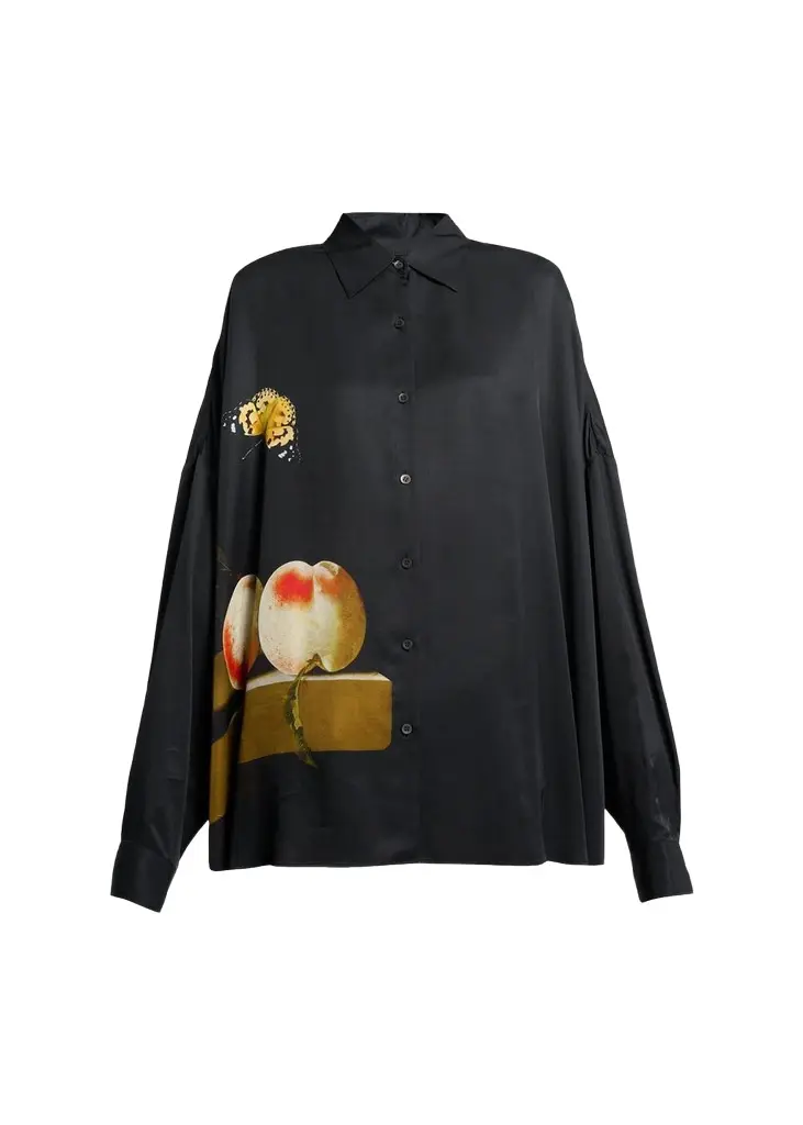 Printed Satin Oversized Button-Front Shirt Printed Satin Oversized Button-Front Shirt