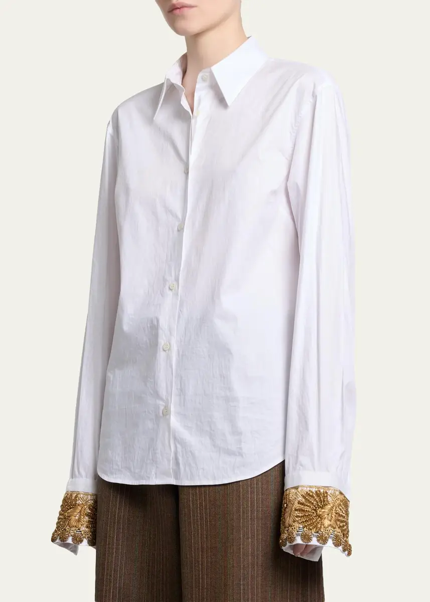 Dries Van Noten Embellished Cuff Cotton Poplin Button-Down Shirt | Thumbnail 4 Dries Van Noten Embellished Cuff Cotton Poplin Button-Down Shirt | Thumbnail 4