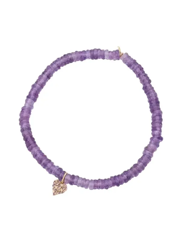 14K Diamond and Amethyst Heart on Beaded Stretch Bracelet