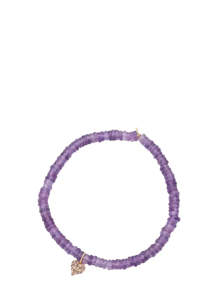 Sydney Evan 14K Diamond and Amethyst Heart on Beaded Stretch Bracelet