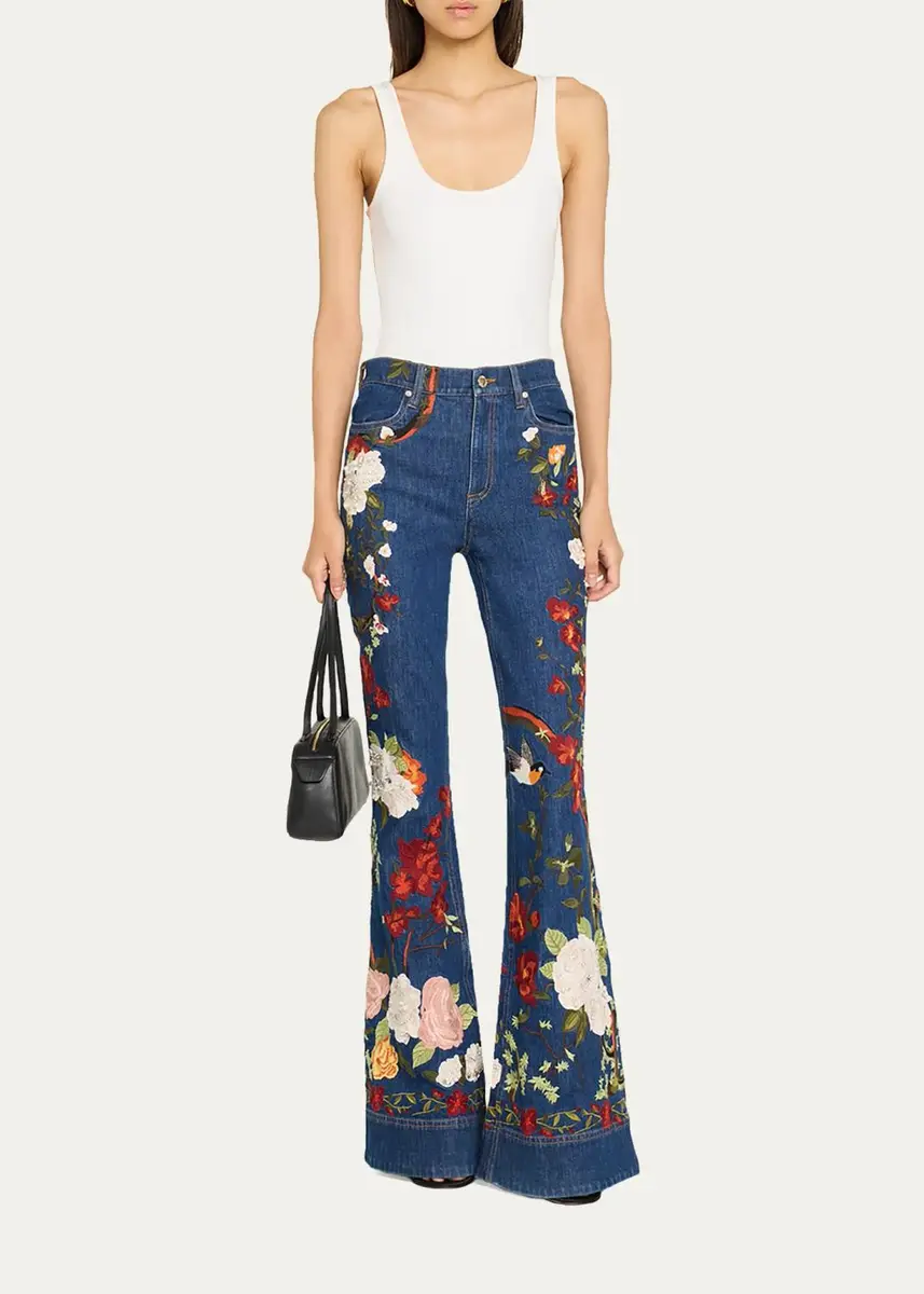 Alice + Olivia Beautiful Embroidered High-Rise Bell Bottom Jeans | Thumbnail 2