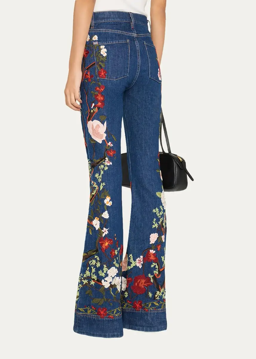 Alice + Olivia Beautiful Embroidered High-Rise Bell Bottom Jeans | Thumbnail 3