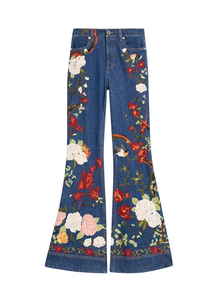 Alice + Olivia Beautiful Embroidered High-Rise Bell Bottom Jeans