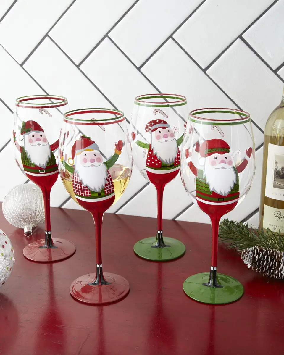 Neiman Marcus Hand-Painted Santa Wine Glasses, Set of 4