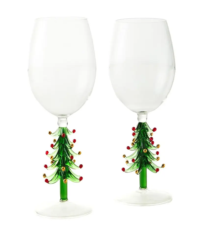 Neiman Marcus Figural Christmas Tree Wine Glasses, Set of 2