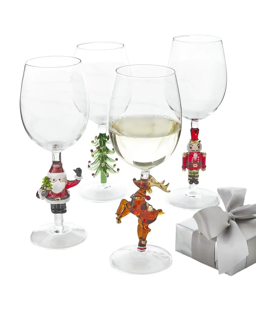 Neiman Marcus Mixed Figural Christmas Wine Glasses, Set of 4