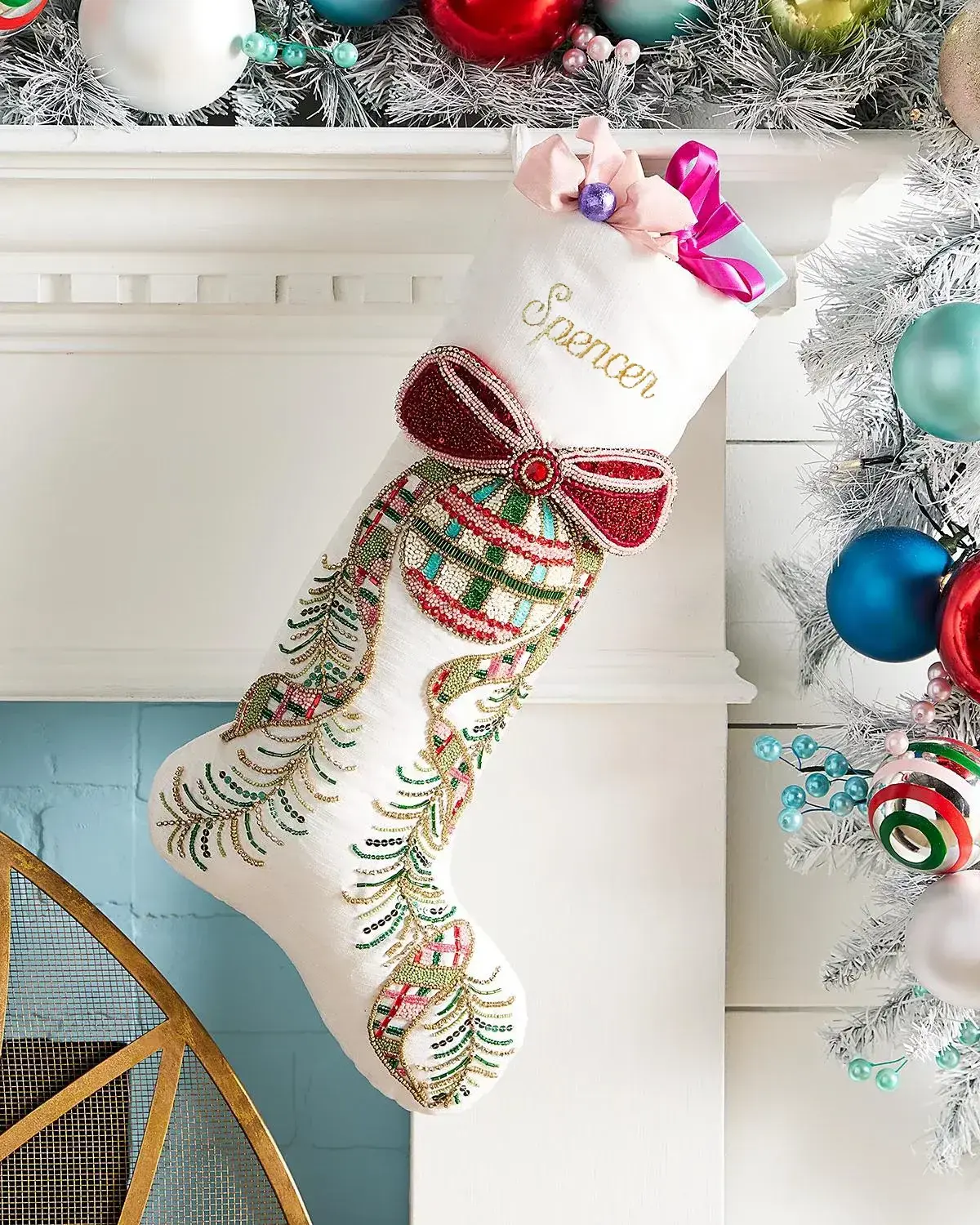 Kim Seybert Personalized Tartan Tidings Bow & Bauble Stocking