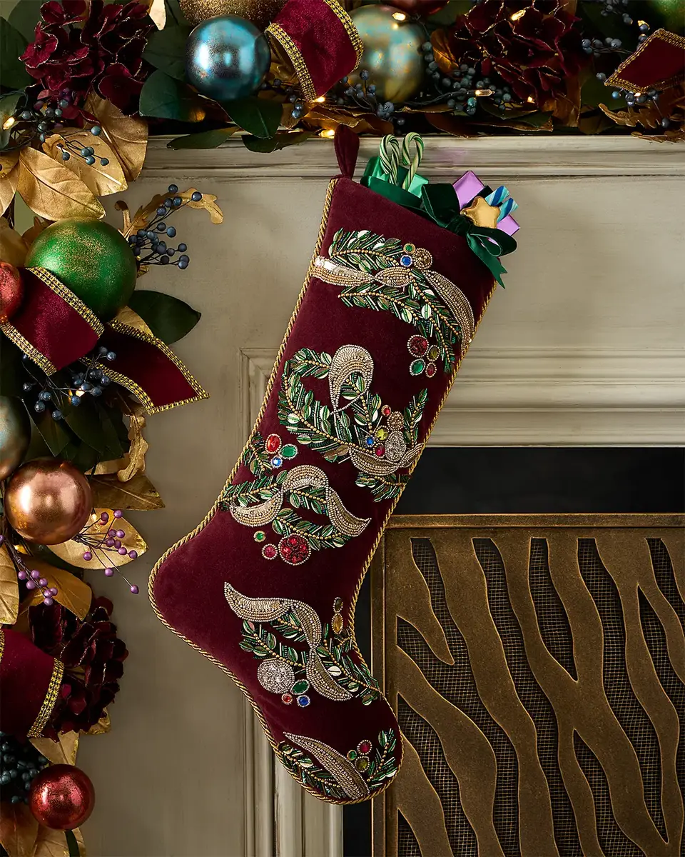 Kim Seybert Jeweled Plumes Beaded Christmas Stocking