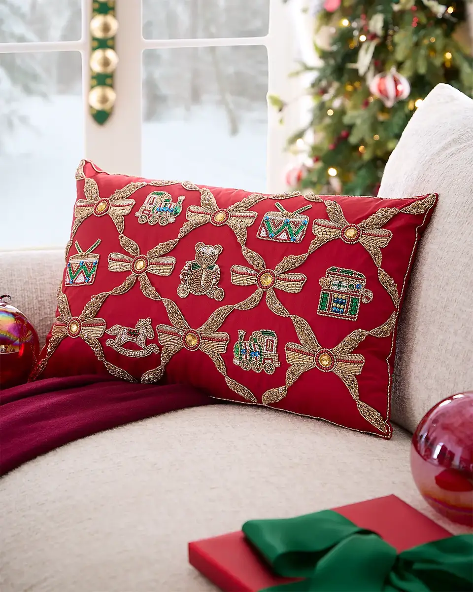 Kim Seybert Santa's Toy Chest Beaded Decorative Pillow, 14" x 22"