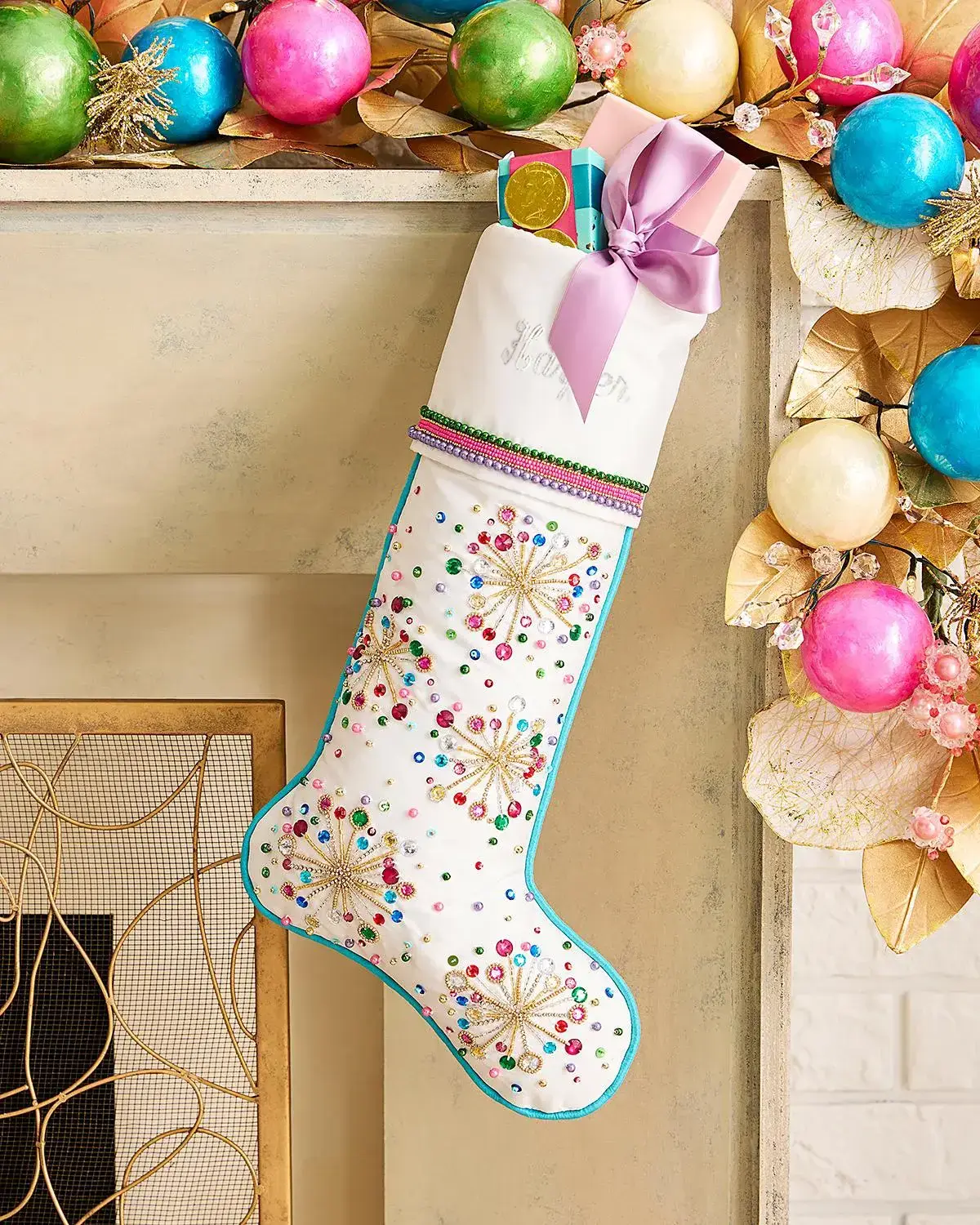 Kim Seybert Personalized Holiday Pop Beaded Cuffed Christmas Stocking