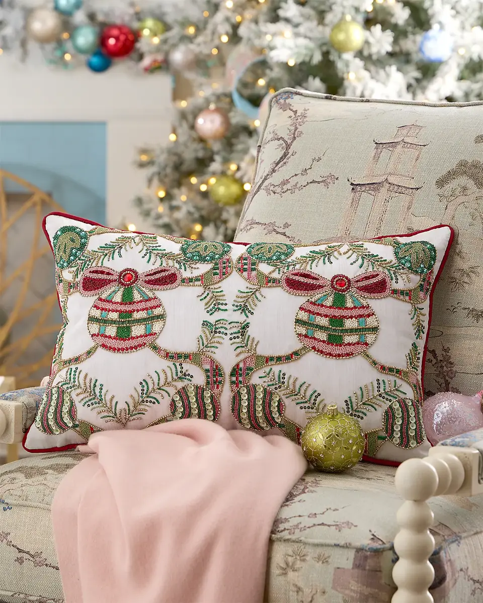 Kim Seybert Tartan Tidings Beaded Decorative Pillow, 14" x 22"