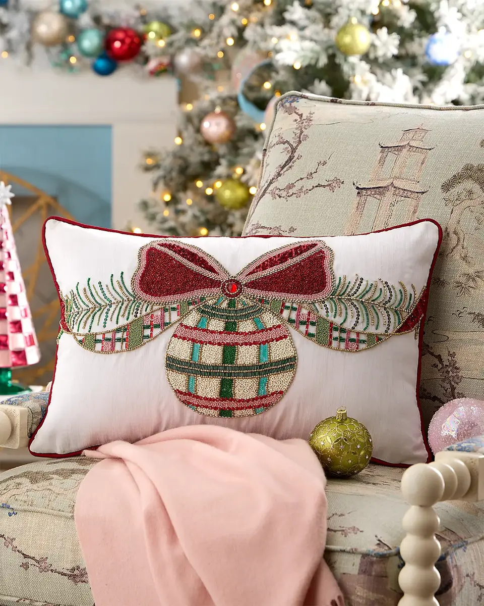 Kim Seybert Bow and Bauble Beaded Decorative Pillow, 14" x 22"