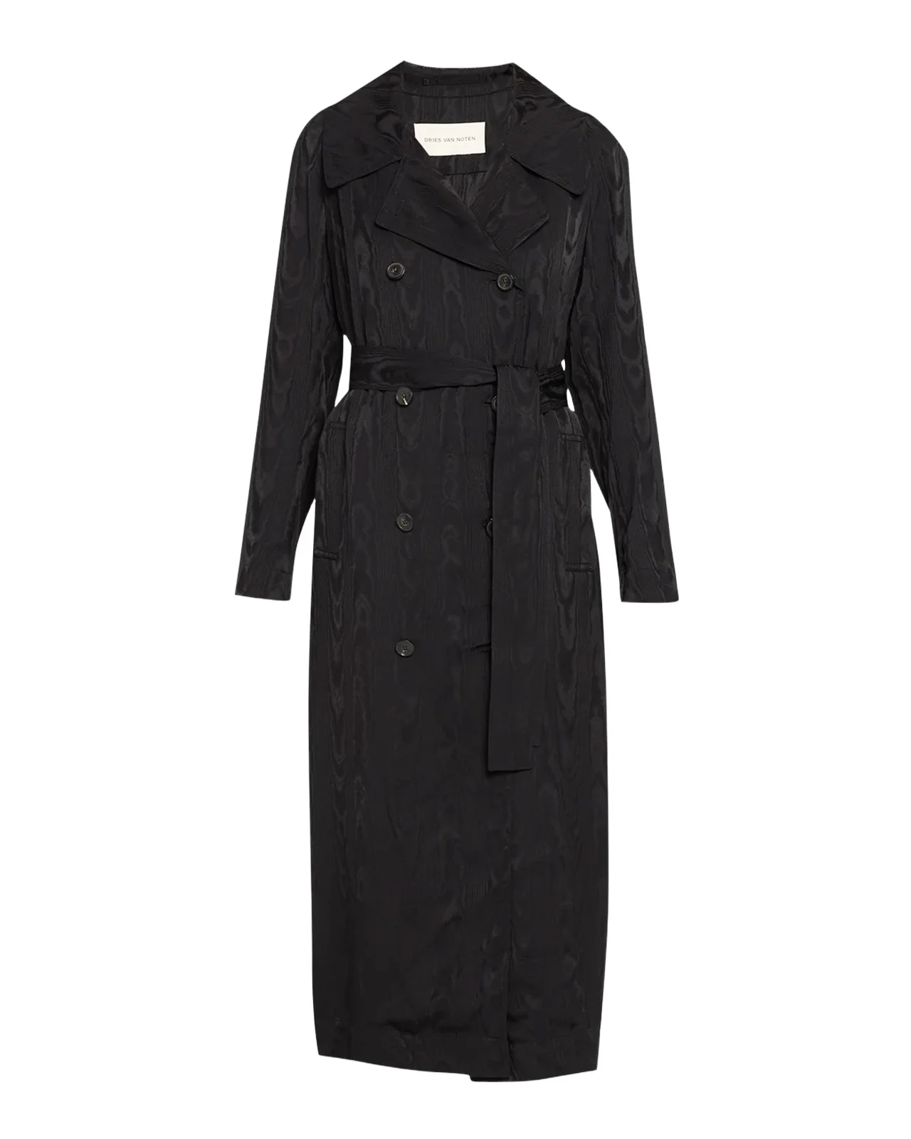 Dries Van Noten Rolana Double-Breasted Moire Satin Belted Trench Coat
