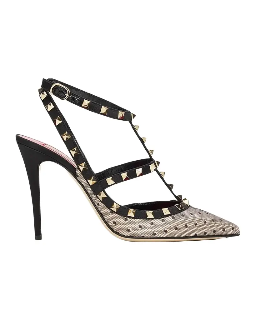 100mm Rockstud Polka-Dot Mesh Ankle-Strap Pumps