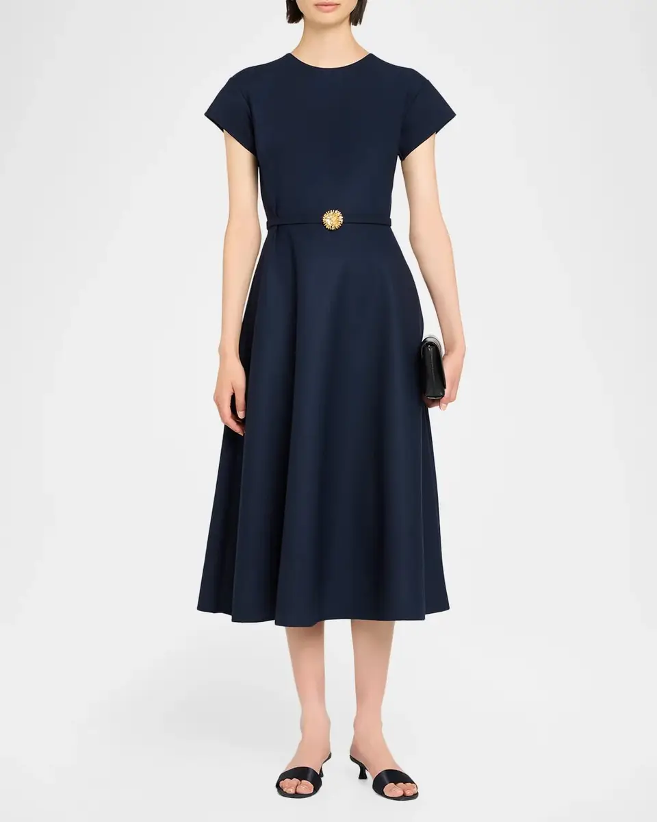 Oscar de la Renta Cap-Sleeve Wool Belted Midi Dress | Thumbnail 2