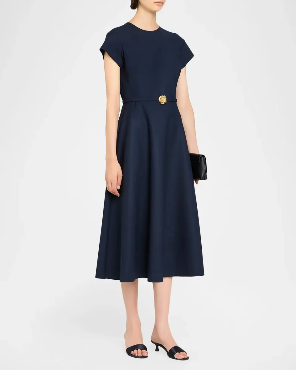 Oscar de la Renta Cap-Sleeve Wool Belted Midi Dress | Thumbnail 4
