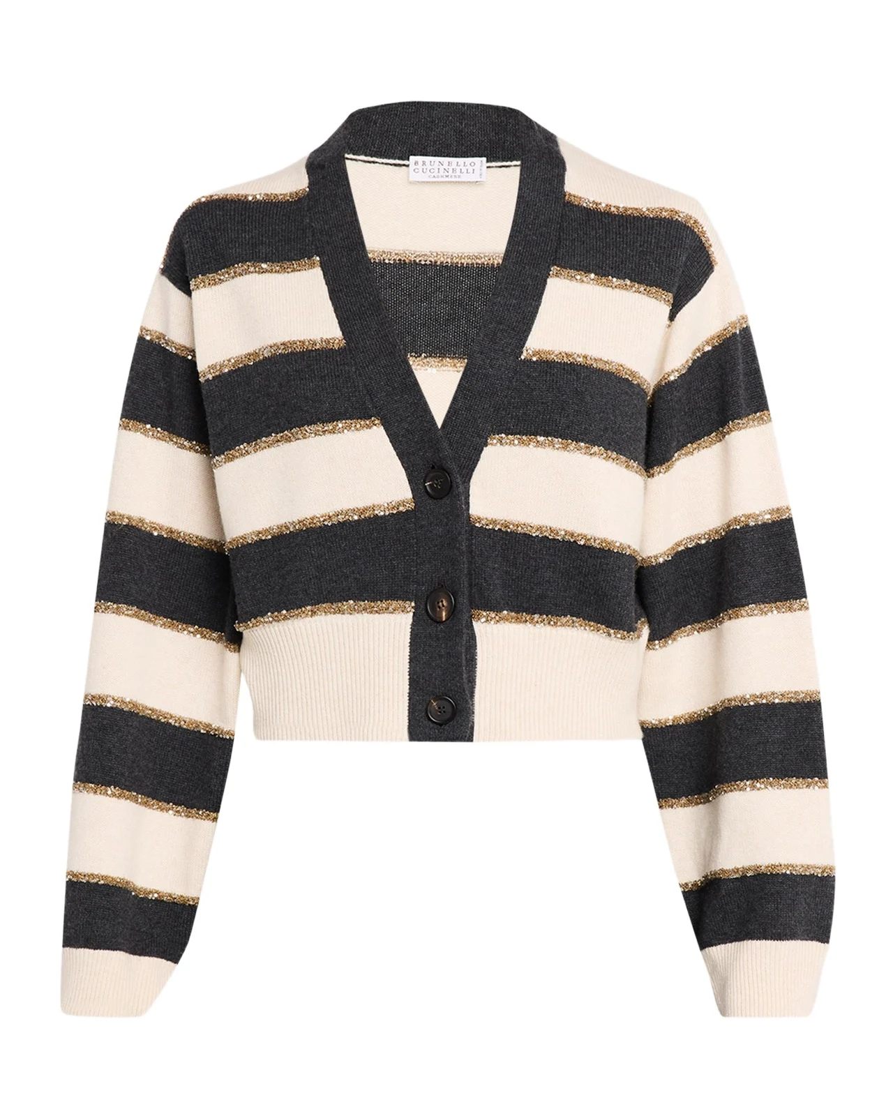 Brunello Cucinelli Luminous Striped Cashmere Crop V-Neck Cardigan
