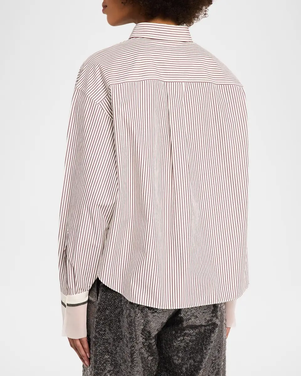 Brunello Cucinelli Striped Cotton Poplin Boxy Button-Down Shirt With Monili Trim | Thumbnail 3