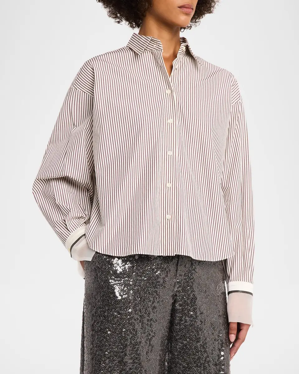 Brunello Cucinelli Striped Cotton Poplin Boxy Button-Down Shirt With Monili Trim | Thumbnail 4