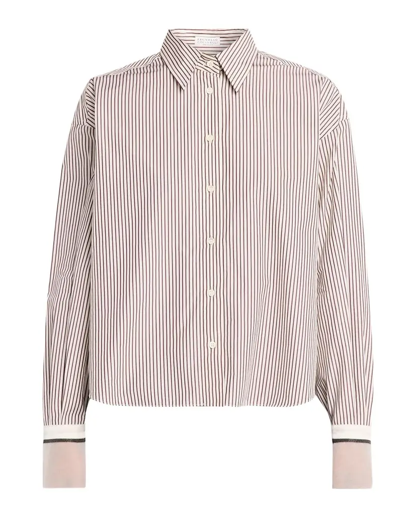 Striped Cotton Poplin Boxy Button-Down Shirt With Monili Trim