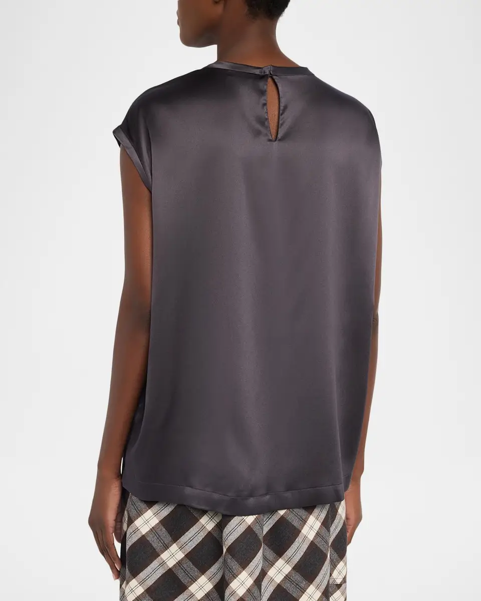 Brunello Cucinelli Monili Trim Stretch Satin Cap-Sleeve Shirt | Thumbnail 3 Brunello Cucinelli Monili Trim Stretch Satin Cap-Sleeve Shirt | Thumbnail 3