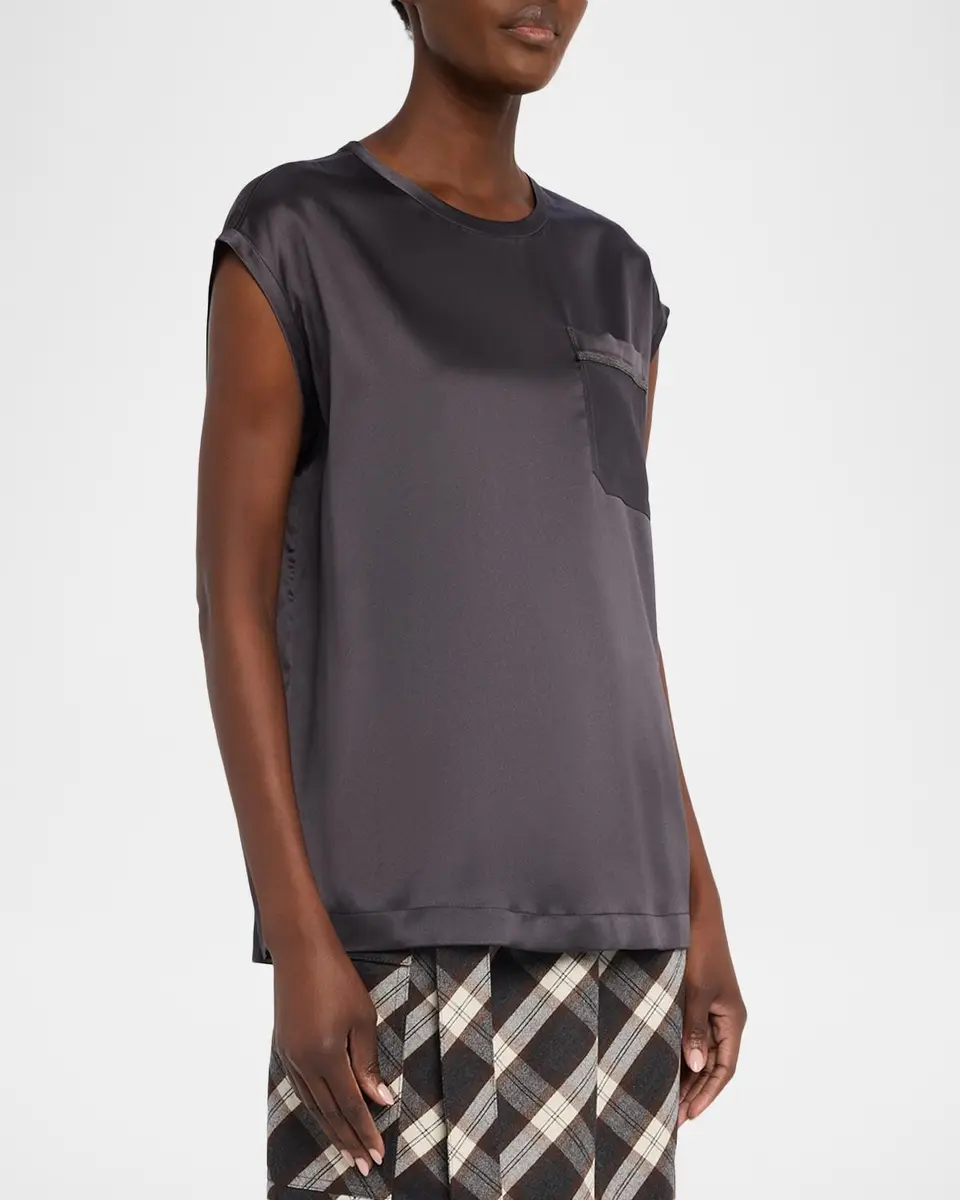 Brunello Cucinelli Monili Trim Stretch Satin Cap-Sleeve Shirt | Thumbnail 4 Brunello Cucinelli Monili Trim Stretch Satin Cap-Sleeve Shirt | Thumbnail 4