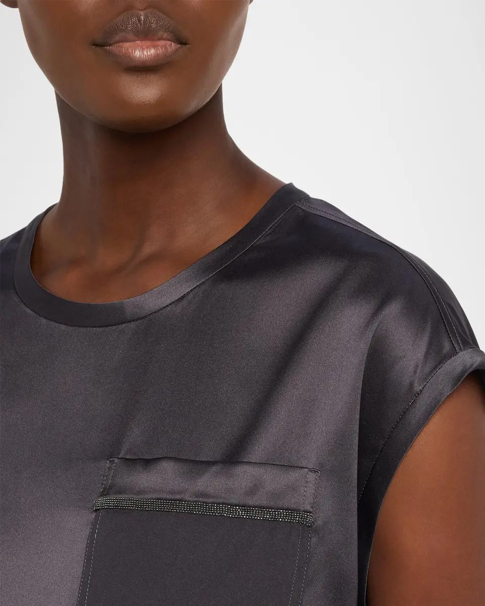 Brunello Cucinelli Monili Trim Stretch Satin Cap-Sleeve Shirt | Thumbnail 5 Brunello Cucinelli Monili Trim Stretch Satin Cap-Sleeve Shirt | Thumbnail 5