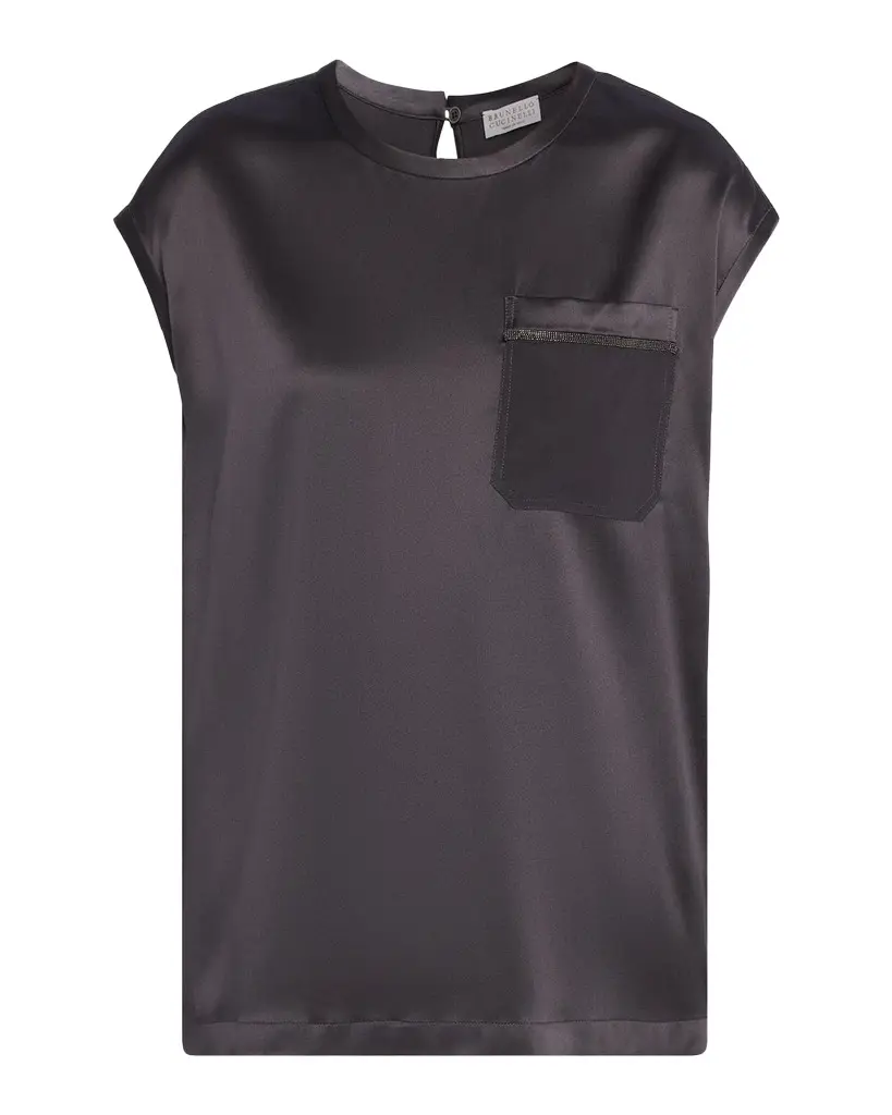 Brunello Cucinelli Monili Trim Stretch Satin Cap-Sleeve Shirt