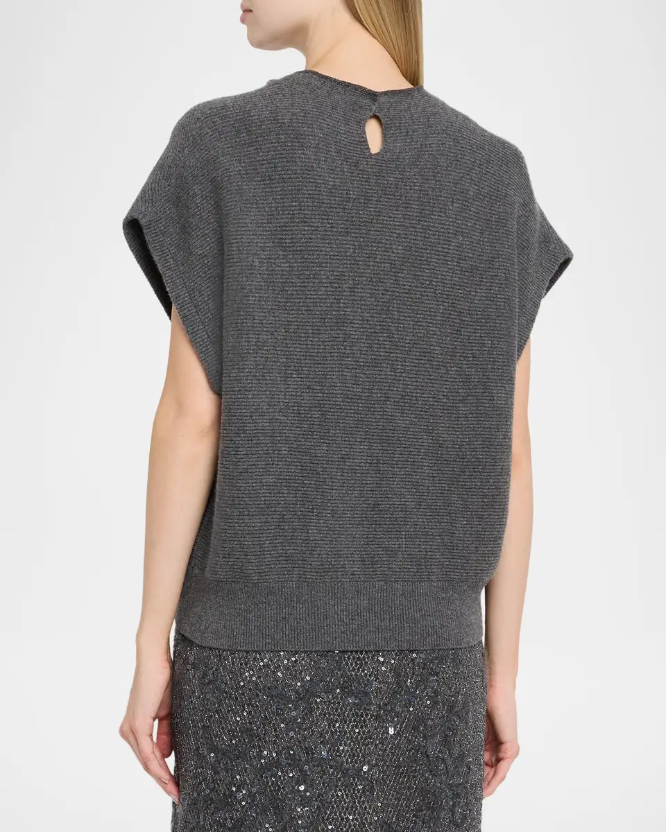 Brunello Cucinelli Monili Mock-Neck Cotton Rib Cap-Sleeve Sweater | Thumbnail 3 Brunello Cucinelli Monili Mock-Neck Cotton Rib Cap-Sleeve Sweater | Thumbnail 3