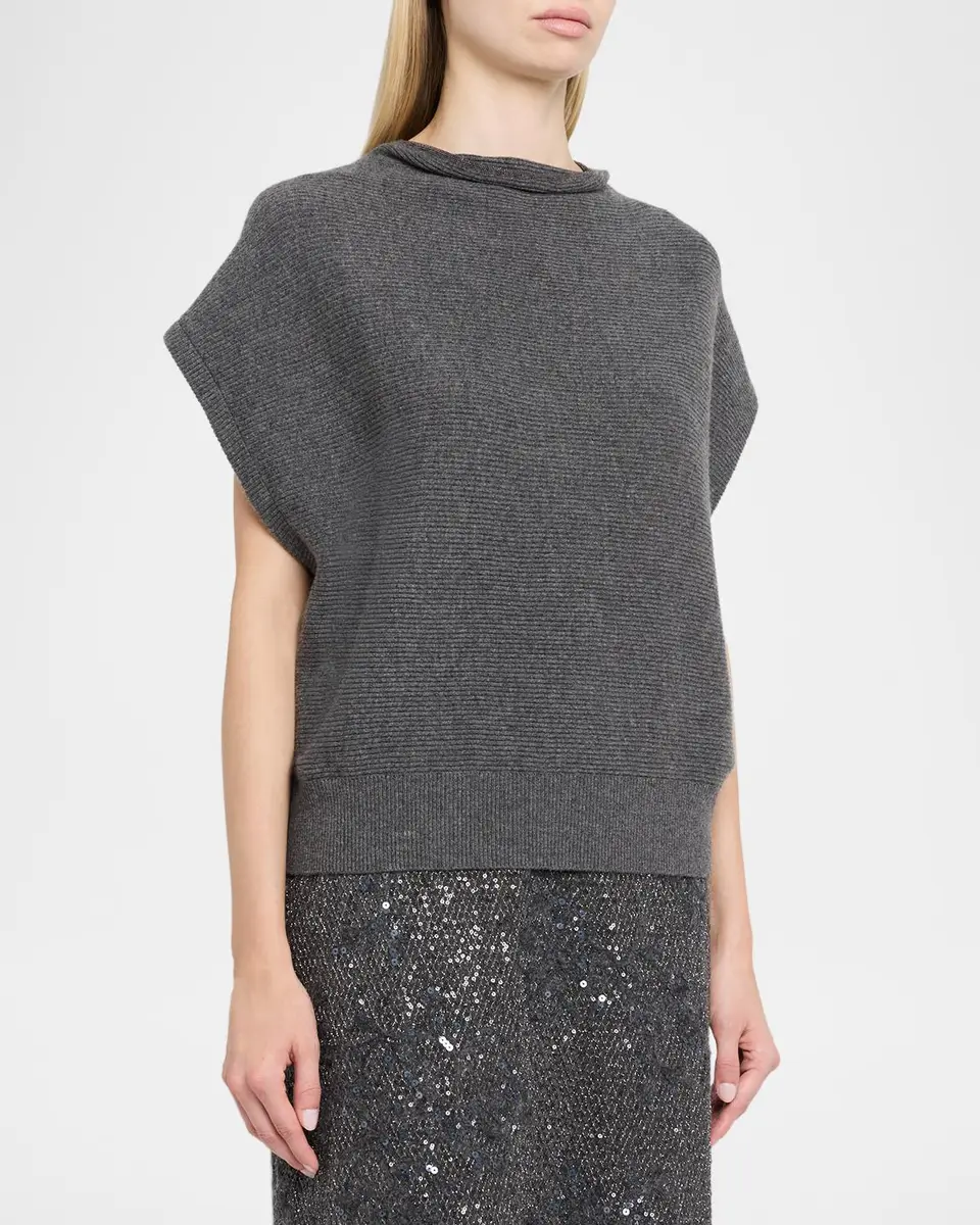 Brunello Cucinelli Monili Mock-Neck Cotton Rib Cap-Sleeve Sweater | Thumbnail 4 Brunello Cucinelli Monili Mock-Neck Cotton Rib Cap-Sleeve Sweater | Thumbnail 4
