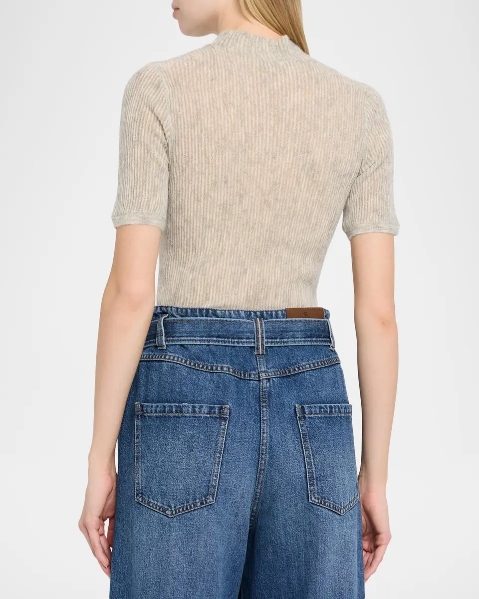 Brunello Cucinelli Mock-Neck Metallic Silk-Wool Short-Sleeve Sweater | Thumbnail 3 Brunello Cucinelli Mock-Neck Metallic Silk-Wool Short-Sleeve Sweater | Thumbnail 3