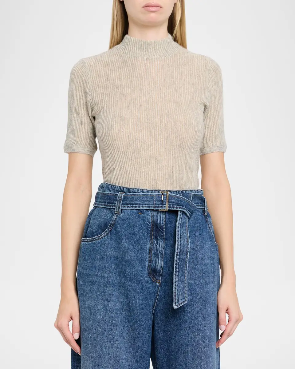 Brunello Cucinelli Mock-Neck Metallic Silk-Wool Short-Sleeve Sweater | Thumbnail 4 Brunello Cucinelli Mock-Neck Metallic Silk-Wool Short-Sleeve Sweater | Thumbnail 4