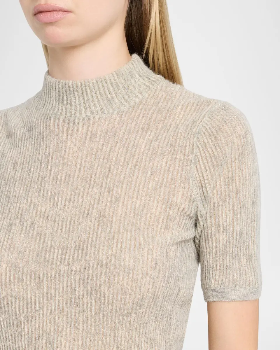 Brunello Cucinelli Mock-Neck Metallic Silk-Wool Short-Sleeve Sweater | Thumbnail 5 Brunello Cucinelli Mock-Neck Metallic Silk-Wool Short-Sleeve Sweater | Thumbnail 5