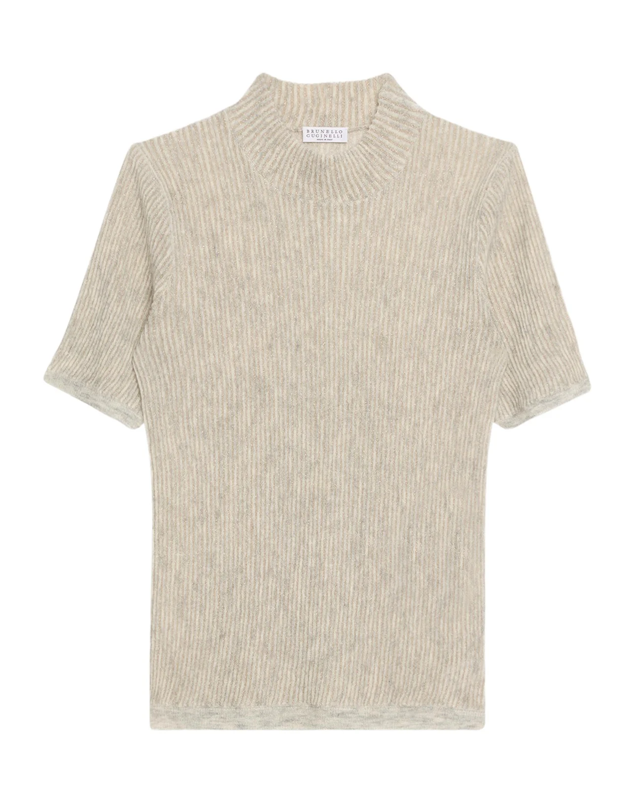 Brunello Cucinelli Mock-Neck Metallic Silk-Wool Short-Sleeve Sweater