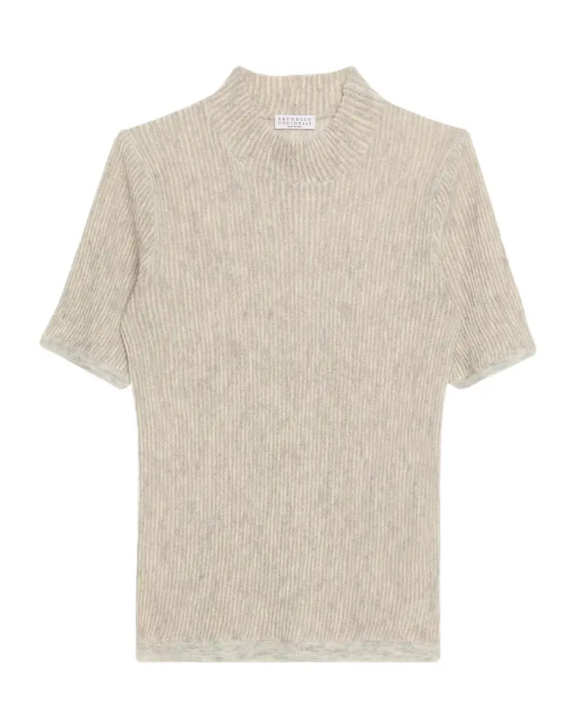 Brunello Cucinelli Mock-Neck Metallic Silk-Wool Short-Sleeve Sweater
