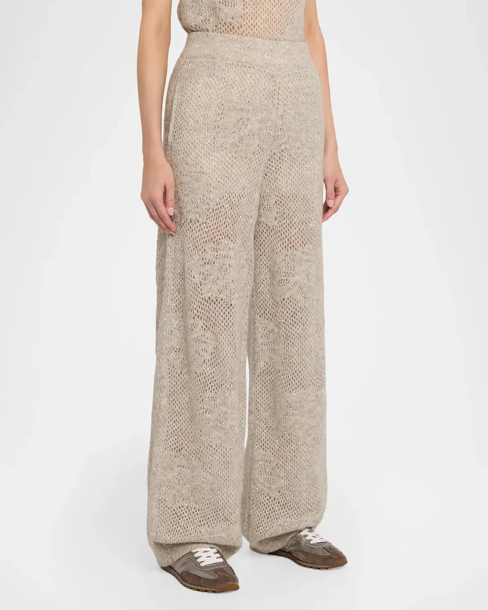 Brunello Cucinelli Floral Paillette Mohair Open-Knit Wide-Leg Pants | Thumbnail 4 Brunello Cucinelli Floral Paillette Mohair Open-Knit Wide-Leg Pants | Thumbnail 4