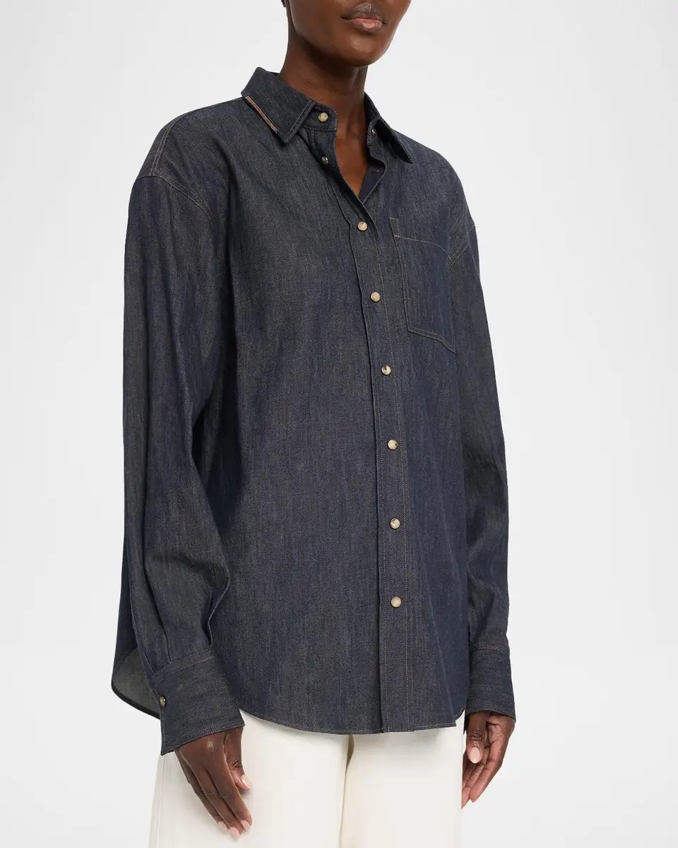Brunello Cucinelli Monili-Trim Denim Oversized Shirt | Thumbnail 4