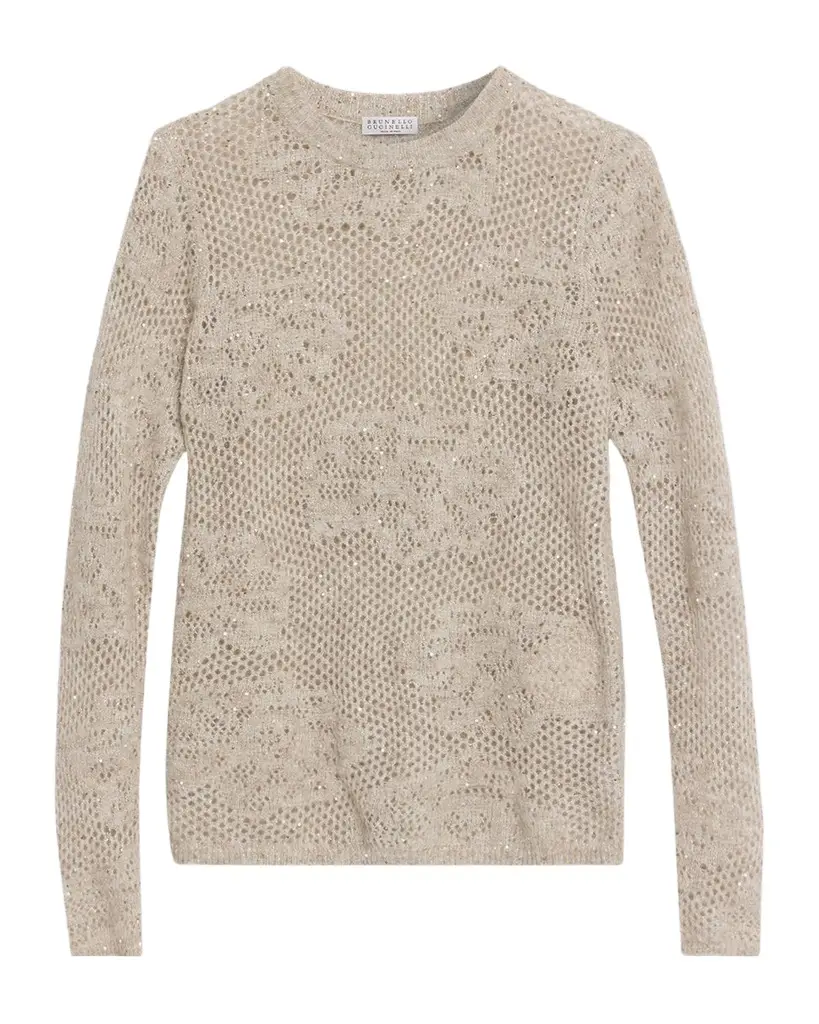 Brunello Cucinelli Wool-Mohair Diamante Openwork Sweater