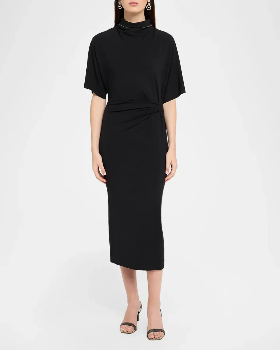 Brunello Cucinelli Mock-Neck Couture Wool Jersey Tucked Midi Dress | Thumbnail 2 Brunello Cucinelli Mock-Neck Couture Wool Jersey Tucked Midi Dress | Thumbnail 2