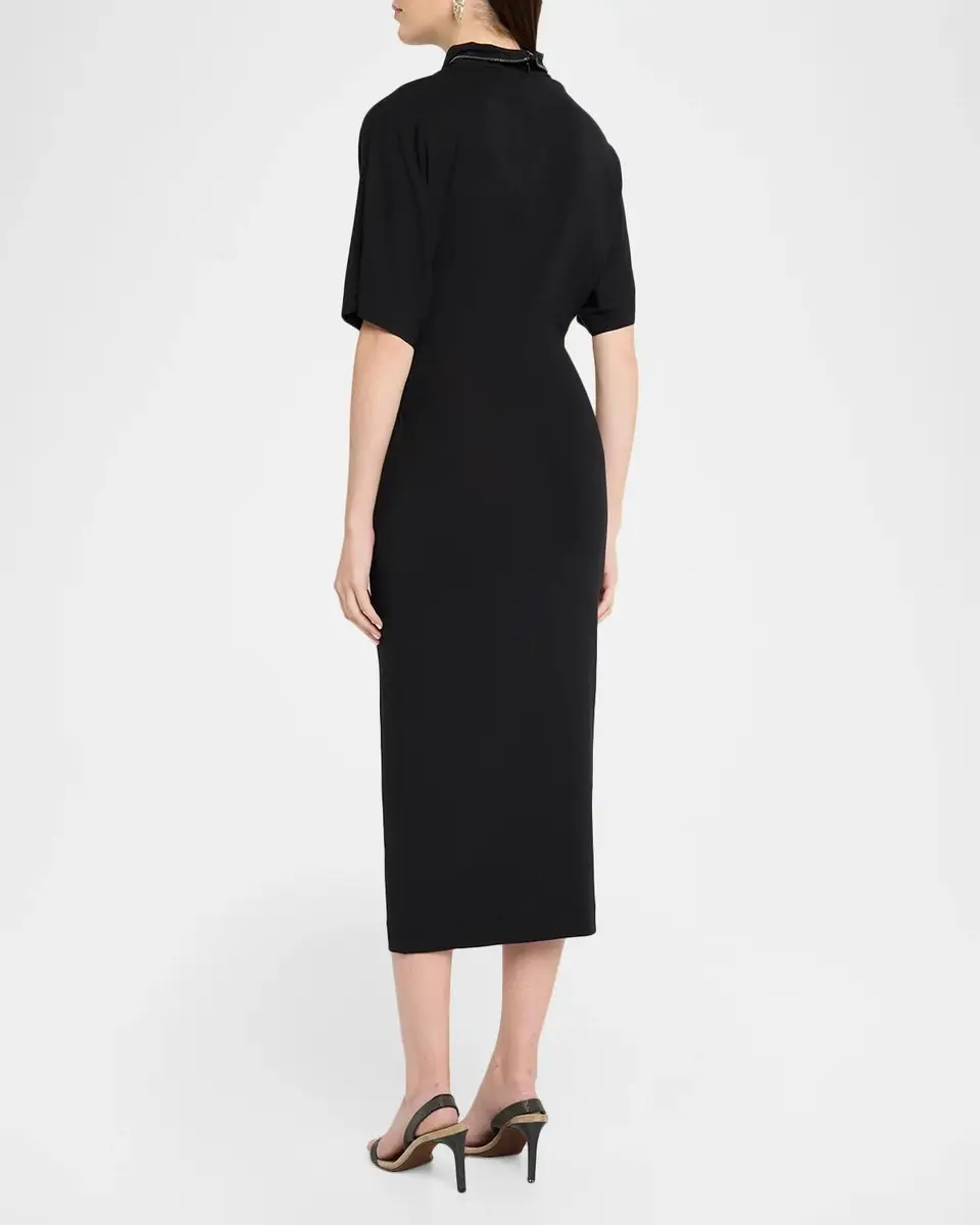 Brunello Cucinelli Mock-Neck Couture Wool Jersey Tucked Midi Dress | Thumbnail 3 Brunello Cucinelli Mock-Neck Couture Wool Jersey Tucked Midi Dress | Thumbnail 3