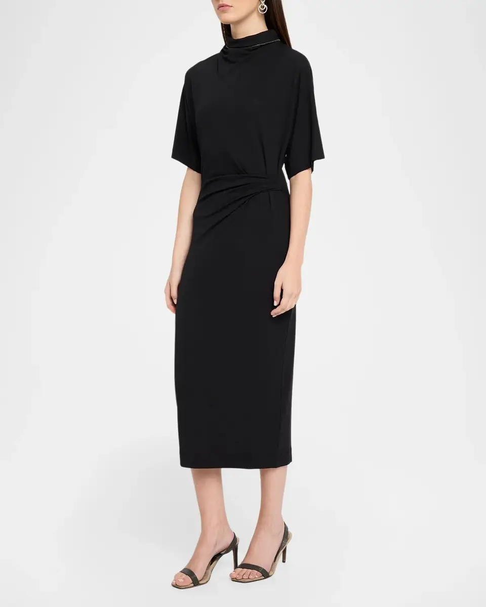 Brunello Cucinelli Mock-Neck Couture Wool Jersey Tucked Midi Dress | Thumbnail 4 Brunello Cucinelli Mock-Neck Couture Wool Jersey Tucked Midi Dress | Thumbnail 4