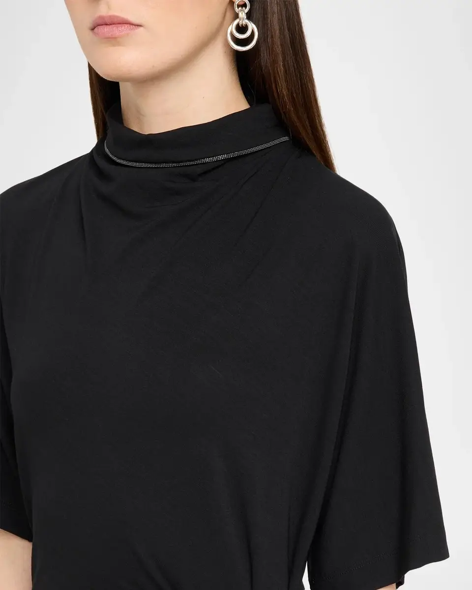 Brunello Cucinelli Mock-Neck Couture Wool Jersey Tucked Midi Dress | Thumbnail 5 Brunello Cucinelli Mock-Neck Couture Wool Jersey Tucked Midi Dress | Thumbnail 5