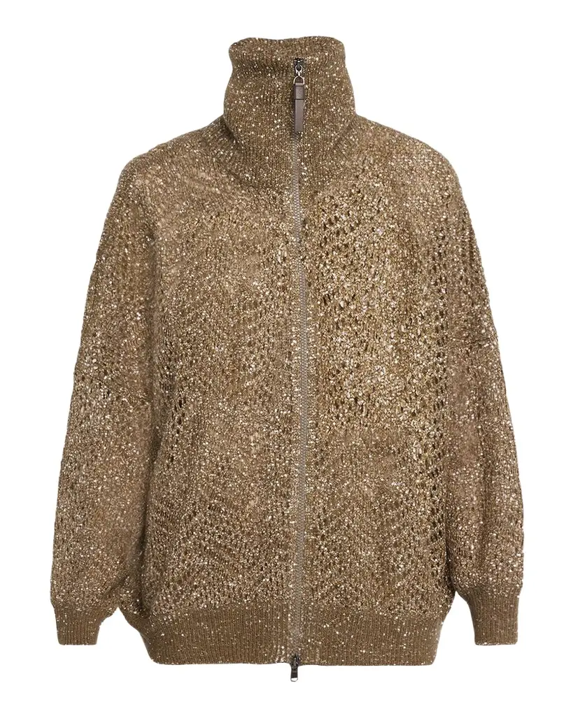 Airy Shimmer Full-Zip Sweater