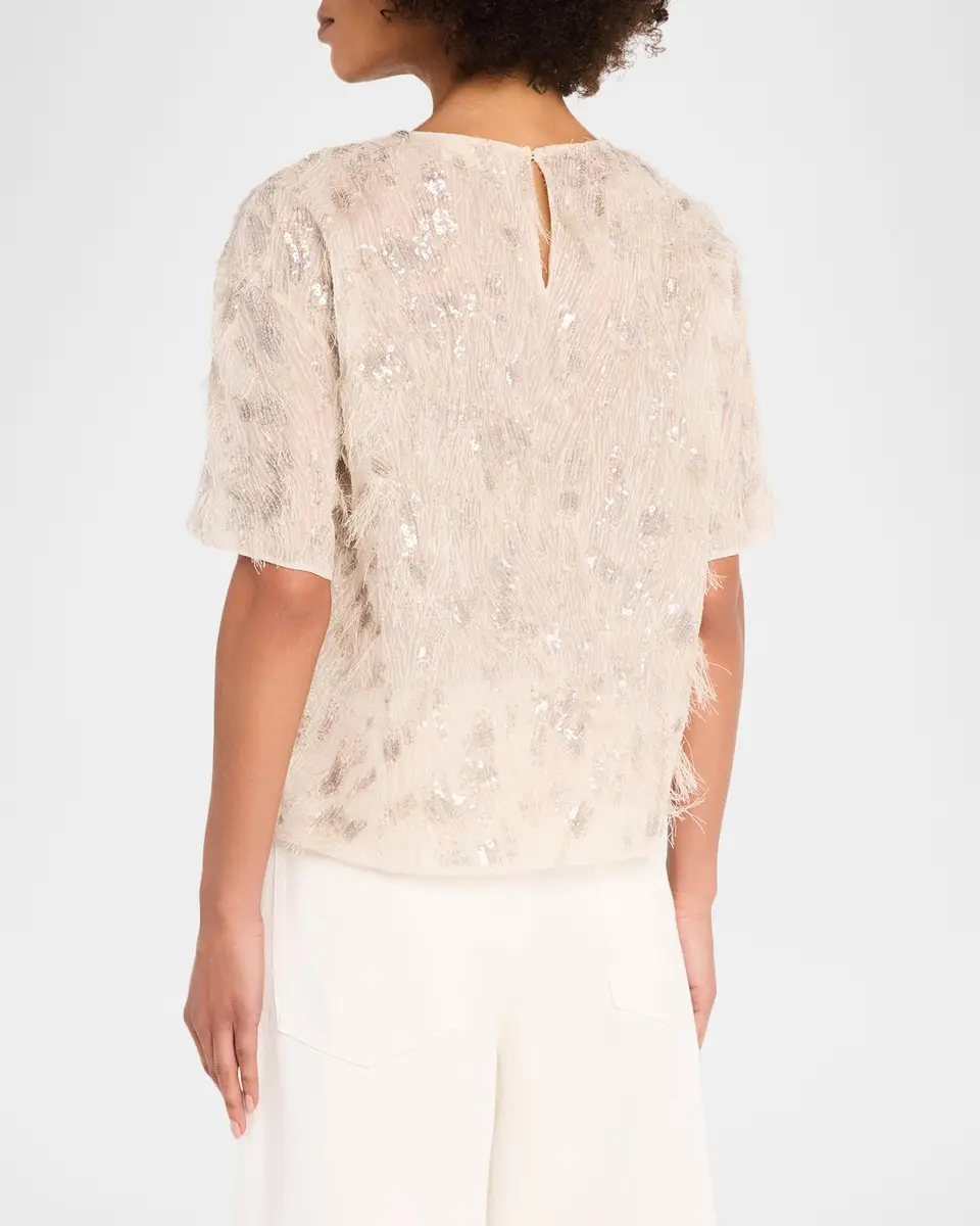 Brunello Cucinelli Animalier Sequined Fringe Silk Short-Sleeve Top | Thumbnail 3 Brunello Cucinelli Animalier Sequined Fringe Silk Short-Sleeve Top | Thumbnail 3