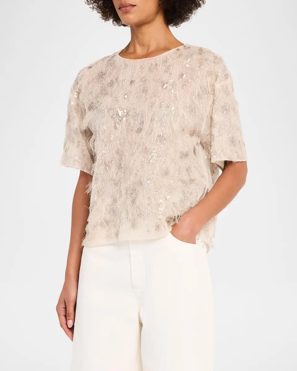 Brunello Cucinelli Animalier Sequined Fringe Silk Short-Sleeve Top | Thumbnail 4 Brunello Cucinelli Animalier Sequined Fringe Silk Short-Sleeve Top | Thumbnail 4