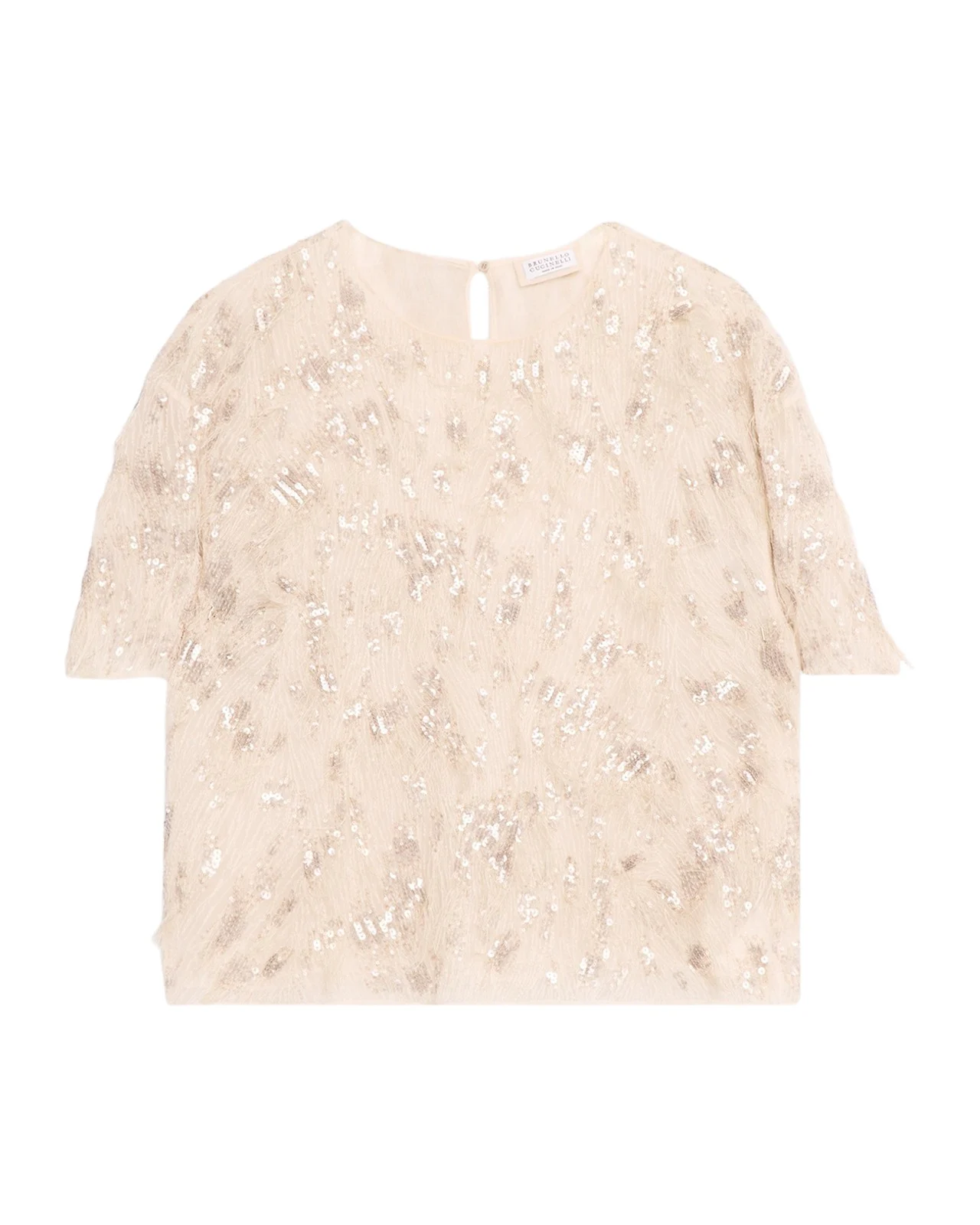 Brunello Cucinelli Animalier Sequined Fringe Silk Short-Sleeve Top