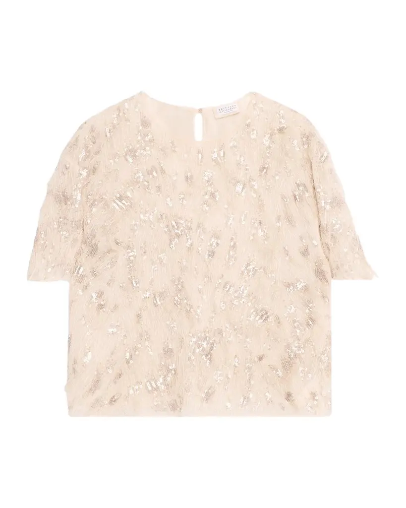 Animalier Sequined Fringe Silk Short-Sleeve Top Animalier Sequined Fringe Silk Short-Sleeve Top